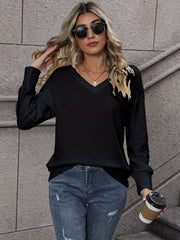 Solid V Neck Sweatshirt Eyelet Sleeve Spring Fall Women's Clothing