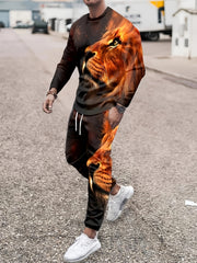 Lion Print Men's Outfit: Sweatshirt & Sports Trousers