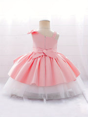 Girls Lace Trim Puffy Princess Dress for Wedding Birthday Party