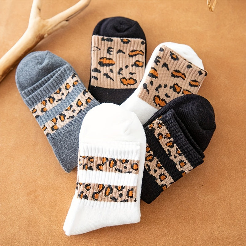 5 Pairs Leopard Striped Socks Women's Mid Tube Stockings
