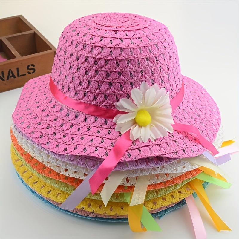 Girls Floral Straw Sun Hat Lightweight Sunscreen Breathable Cap for Kids