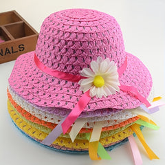 Girls Floral Straw Sun Hat Lightweight Sunscreen Breathable Cap for Kids
