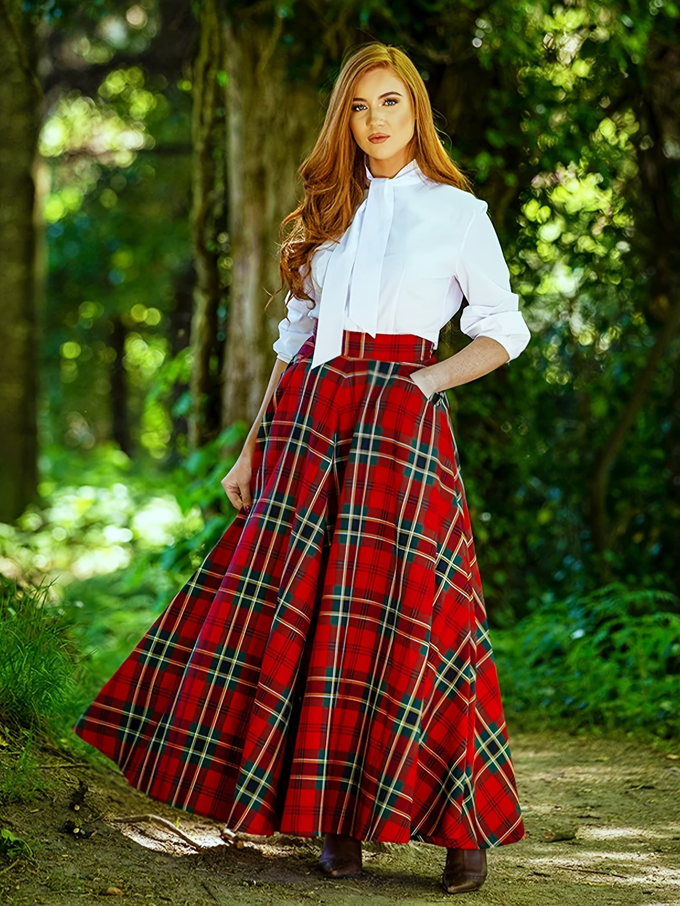 Plaid Print A-line Swing Skirt with Pockets