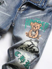 Men's Bear Graphic Stretch Graffiti Print Jeans