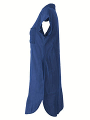 Solid Lapel Denim Dress Short Sleeves Single Breasted Button Denim Dress