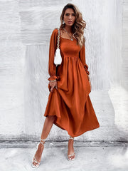 Solid Squared Neck Maxi Dress Ruffle Trim Shirred Long Sleeve