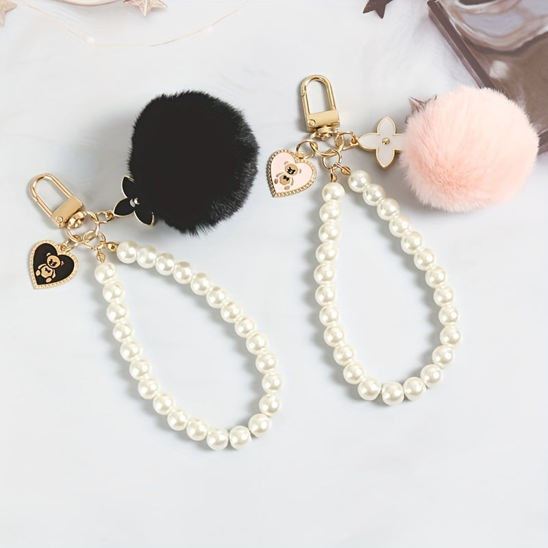 Wool Ball Pearl Bear Tag Bag Plush Keychain