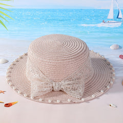 Women Straw Fedora Hat Faux Pearl Flap Top Brim Beach Sun Hat