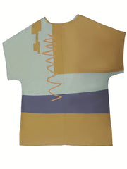 Colorblock Geometric Print Round Neck Blouse