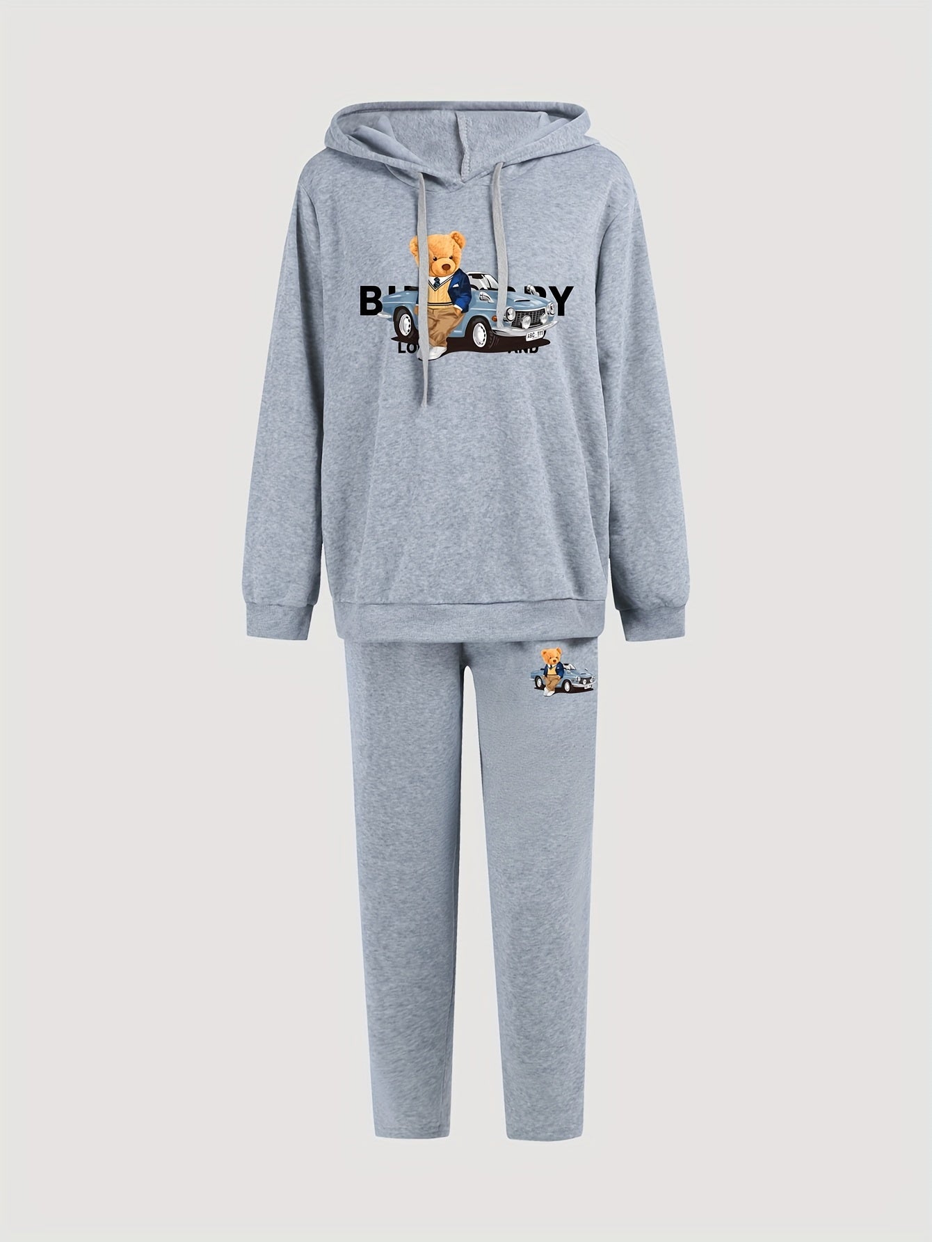 Car & Bear Print Hoodie & Sweatpants Two Piece Set