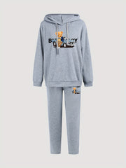 Car & Bear Print Hoodie & Sweatpants Two Piece Set