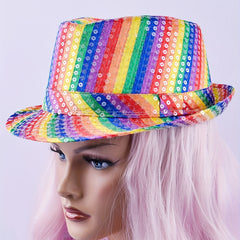 Rainbow Striped Fedora Cap Gay Pride Sequins Bright Party Cap Jazz Top Hats