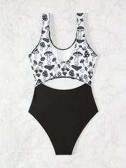 Mushroom Print Scoop Neck One Piece Swimsuit