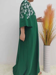 Floral Print Three Quarter Sleeve Round Neck Maxi Dress