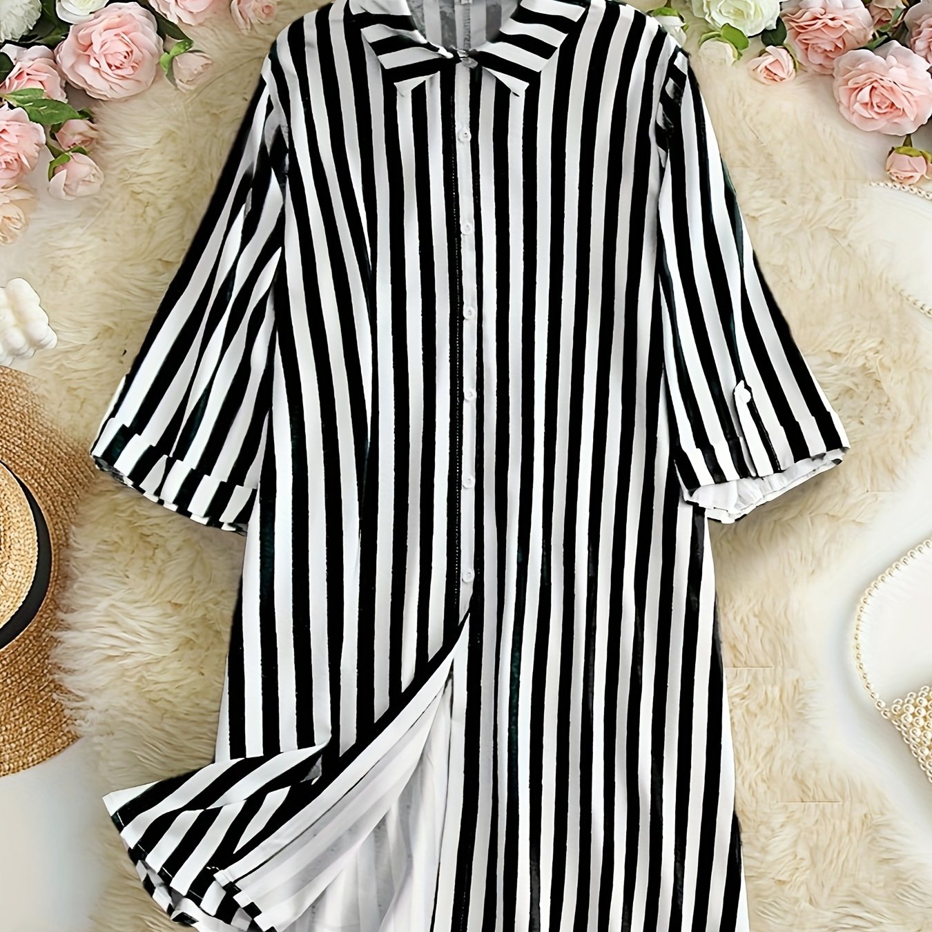 Stripe Print Button Up Roll Up Sleeve Blouse