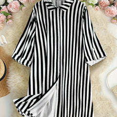 Stripe Print Button Up Roll Up Sleeve Blouse