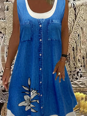 Denim & Floral Print Round Neck Tank Dress