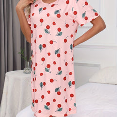 Cherry Print Lounge Dress Short Sleeve Women's Sleepwear