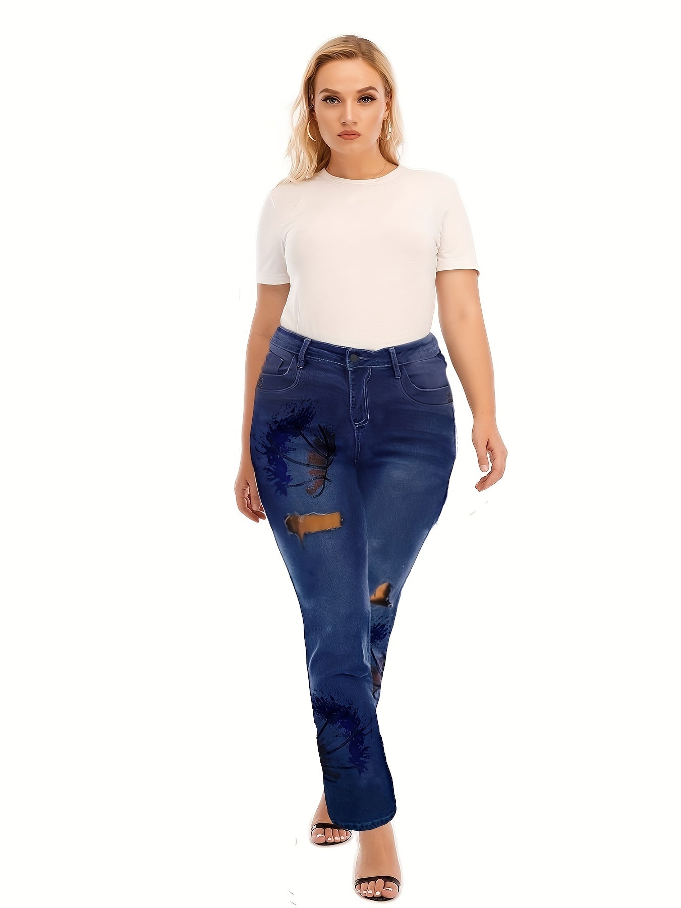 Women's Plus Floral Print Cut Out Button Fly High Stretch Jeans