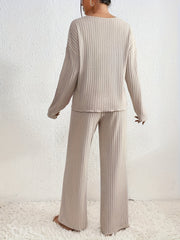 Solid Long Sleeve Lounge Set V-Neck Ribbed Knit Top & Pants Pajama Set
