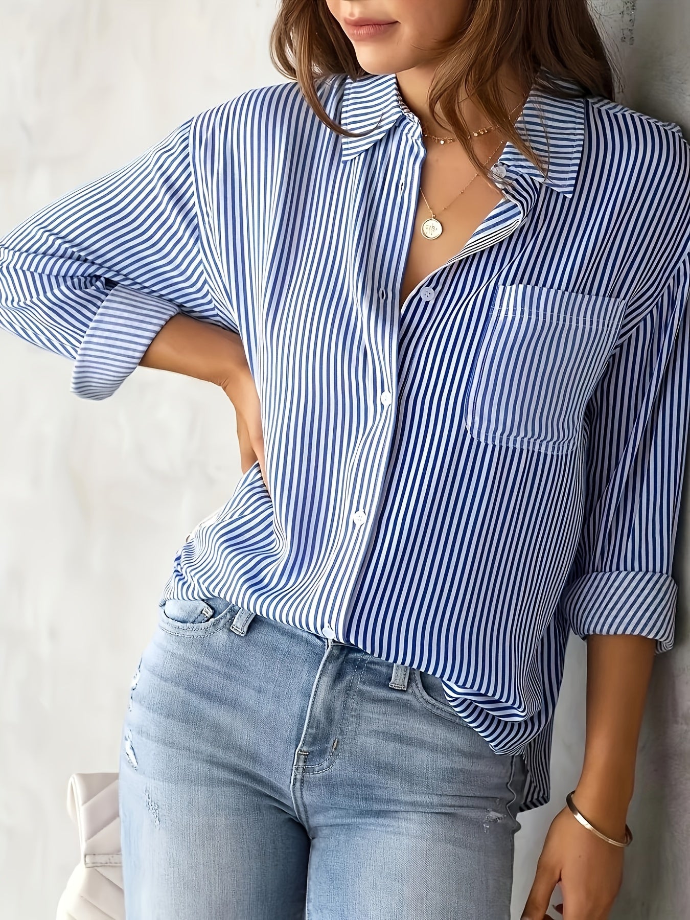 Stripe Print Button Up Long Sleeve Blouse