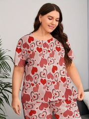 Heart Print Short Sleeve Top & Pants Pajama Set