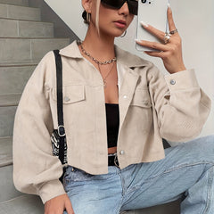 Button Front Flap Pockets Crop Jacket for Women