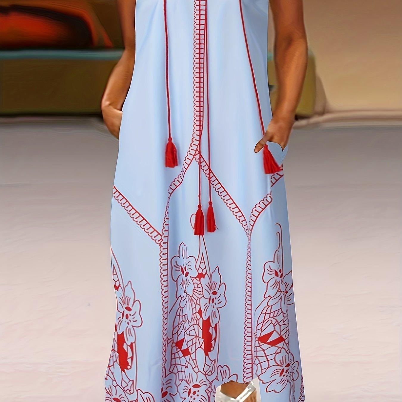 Women's Plus Floral Print Notched Neck Tassel Tank Dress