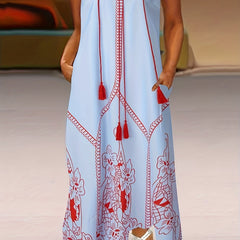 Women's Plus Floral Print Notched Neck Tassel Tank Dress