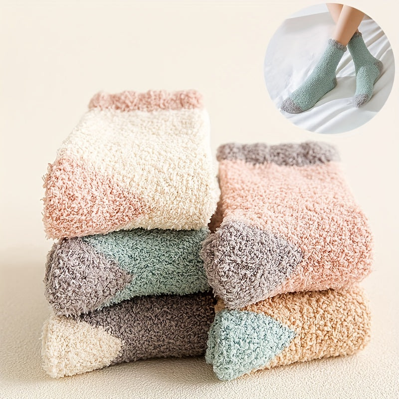 5 Pairs Colorblock Coral Fleece Socks Women's Stockings