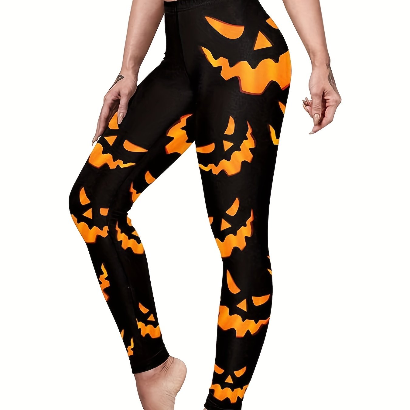 Halloween Sports Leggings Women's Plus Pumpkin Print Elastic Waist
