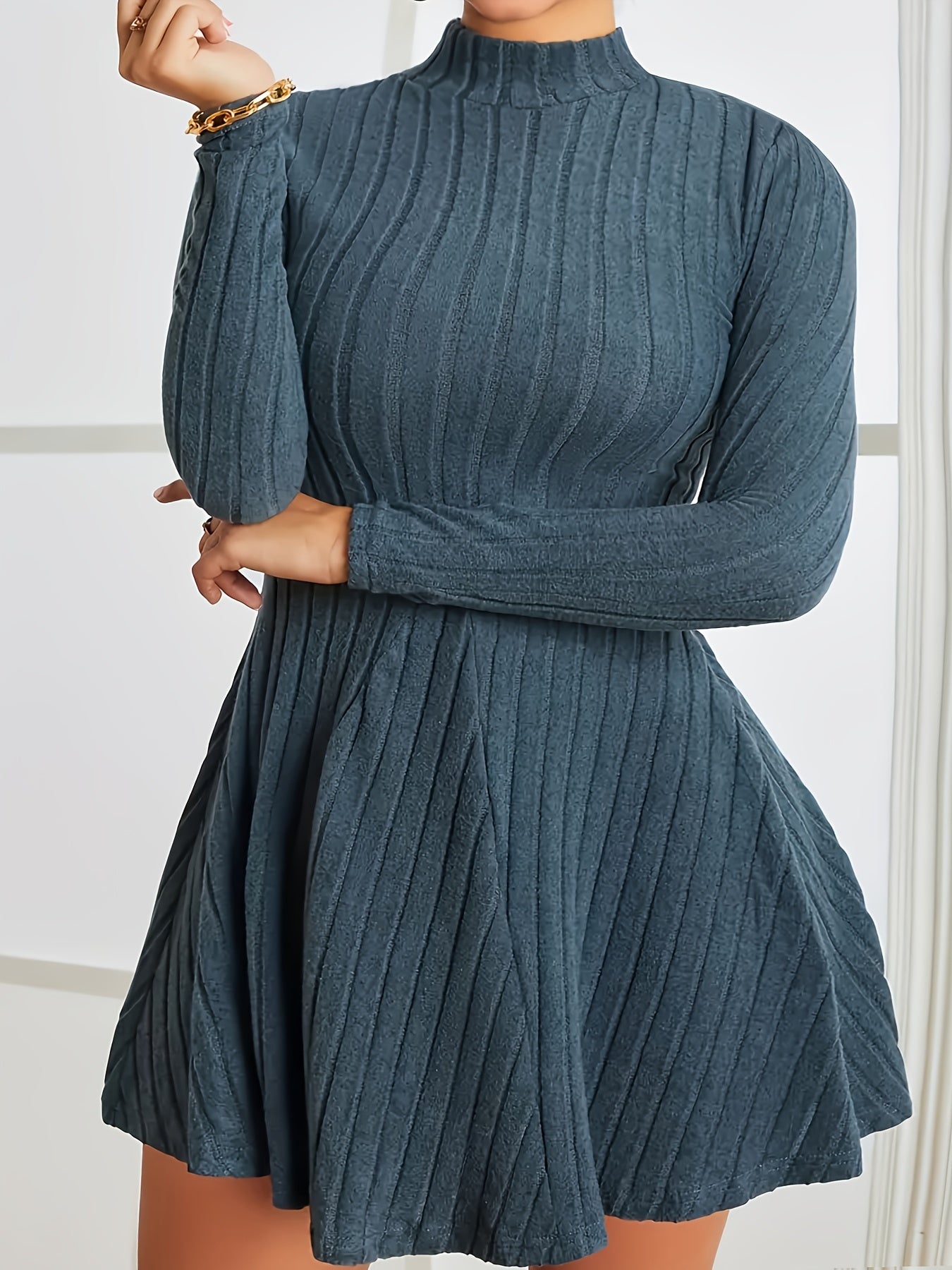 Solid Long Sleeve High Neck Stretch Dress