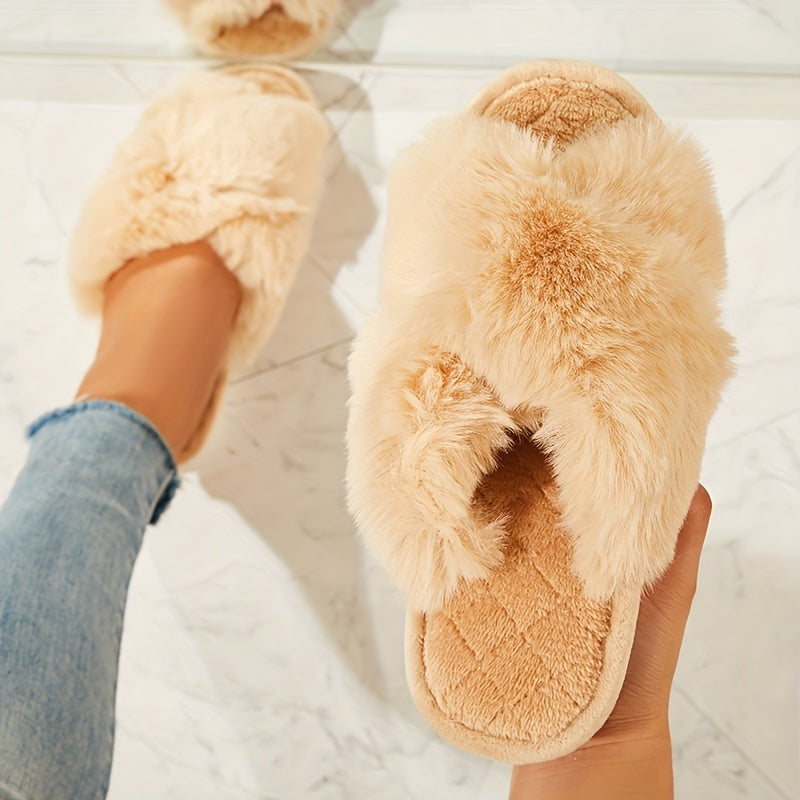 Women's Fluffy Furry Slippers Crisscross Strap Peep Toe Fuzzy Shoes