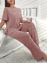 Ribbed Lounge Set Short Sleeve Crew Neck Top & Pants Women's Loungewear