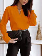 Blouse Women's Plus Solid Long Sleeve Notched Neck Workwear Top