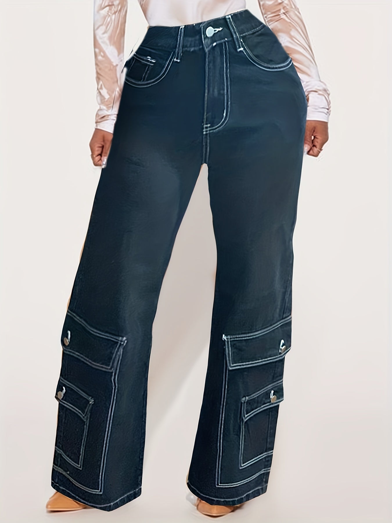 Cargo Denim Pants High Rise Loose Fit