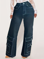 Cargo Denim Pants High Rise Loose Fit