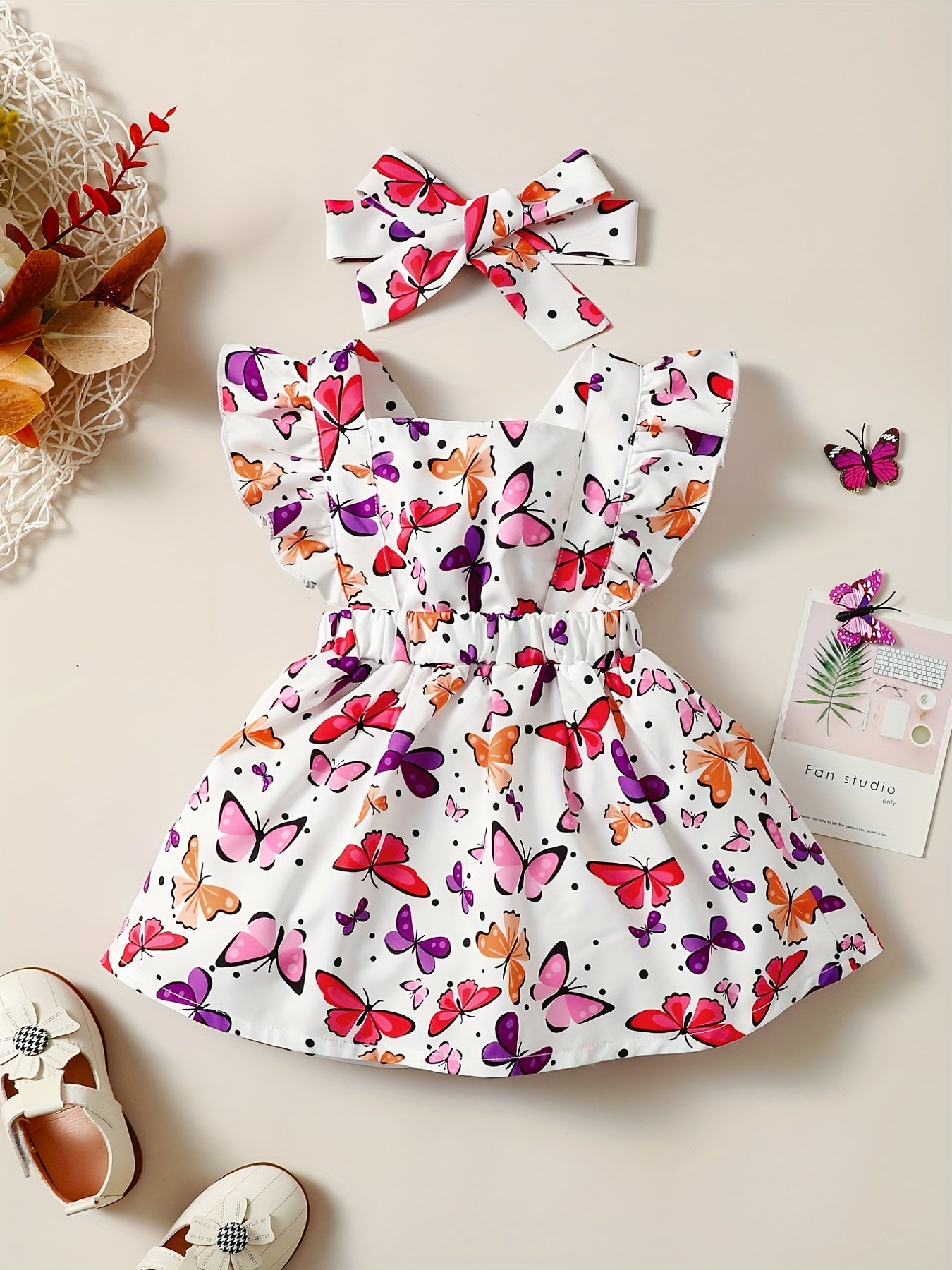 Toddler Girls Ruffle Trim Butterfly Graphic Princess Dress with Hairband