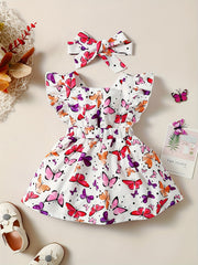 Toddler Girls Ruffle Trim Butterfly Graphic Princess Dress with Hairband