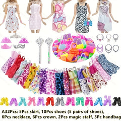 32pcs Doll Fashionista Outfit Set with Clothes Shoes Crown Necklace Jewelry