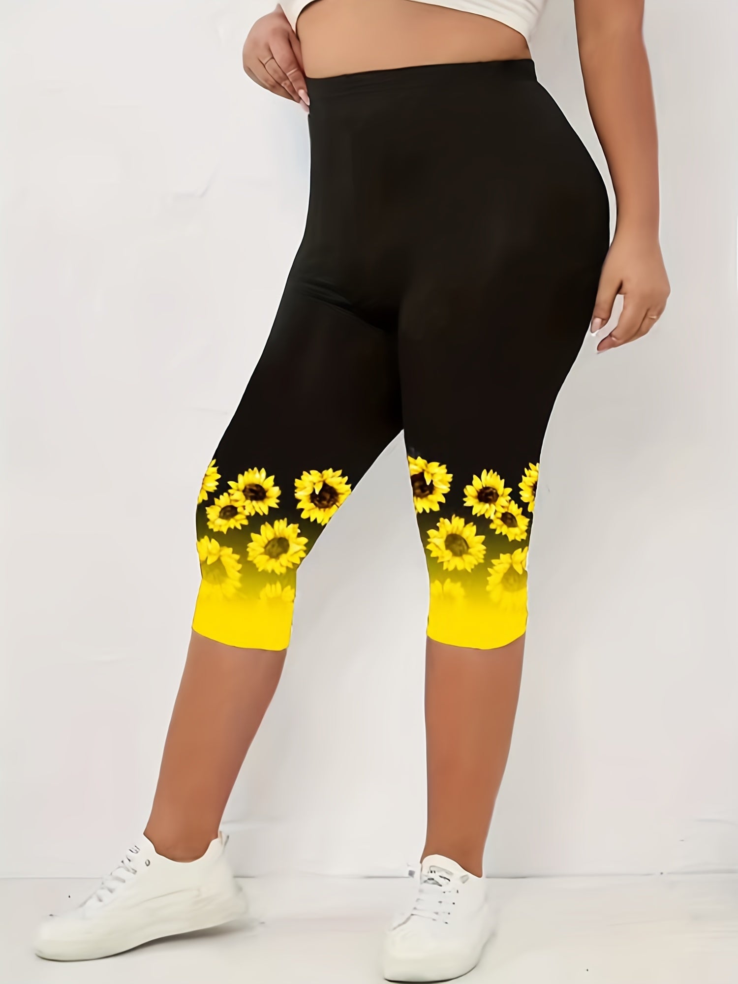 Sunflower Print Skinny Capris Leggings for Women