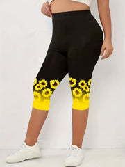 Sunflower Print Skinny Capris Leggings for Women