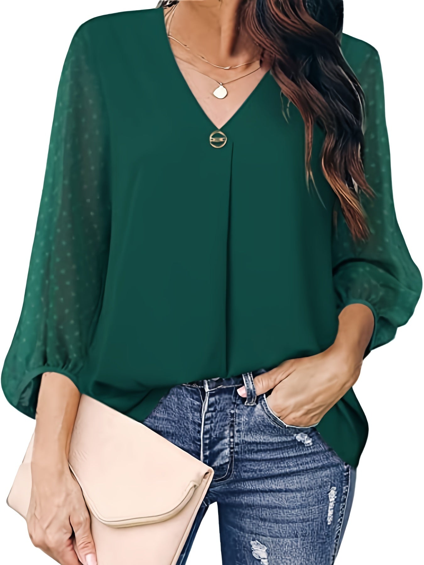 V Neck Loose Blouses Casual Mesh Stitching Dot Pom Poms 3/4 Sleeve Tops