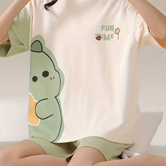 Cartoon Print Pajama Set Short Sleeve Top & Shorts