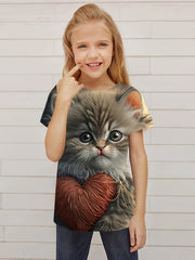 Funny 3D Cat Graphic Short Sleeve T-shirt for Girls