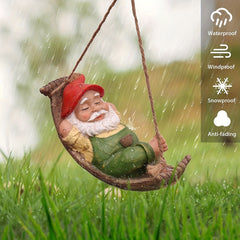 Sleepy Gnome in Swing Hammock Garden Decoration - Outdoor Resin Statues