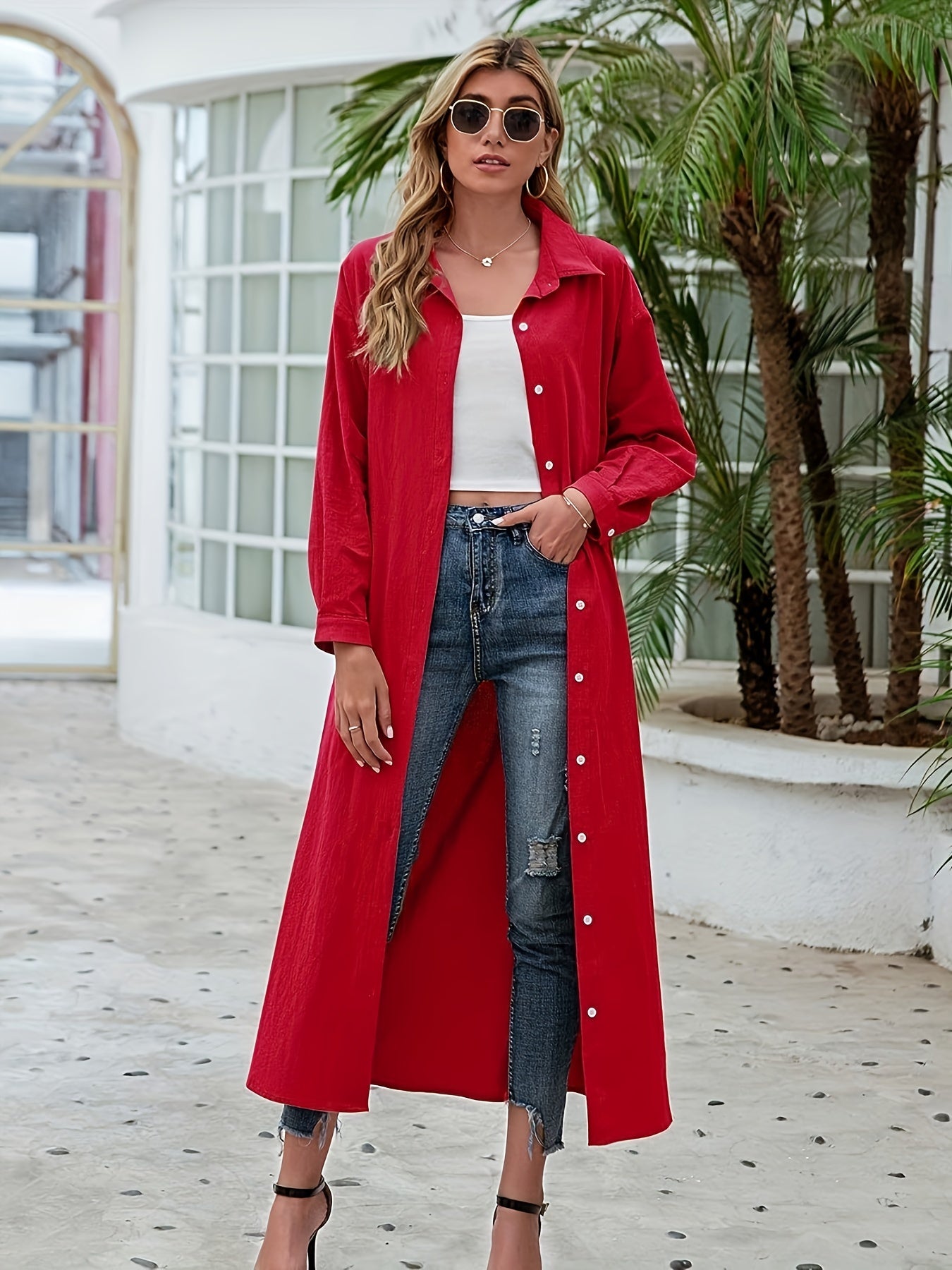 Casual Blouse Women's Plus Solid Button Up Long Sleeve Lapel Collar