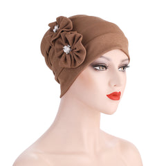 Ladies Pearl Two Flowers Turban Hat Retro Beanie Valentines