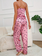 Heart Print Pajama Set V Neck Cami Top & Pants Women's Sleepwear