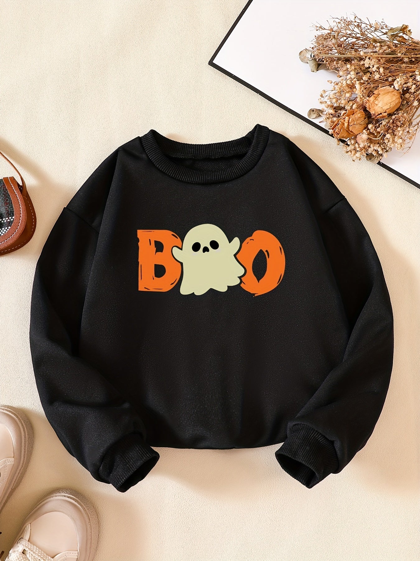 Girls' Fun Ghost Print Sweatshirt - Casual Halloween Outfit